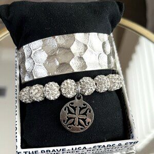 GIFT BOX INCLUDED Rustic Cuff Shambala Pave Rhinestone Hammered Silver Bracelet